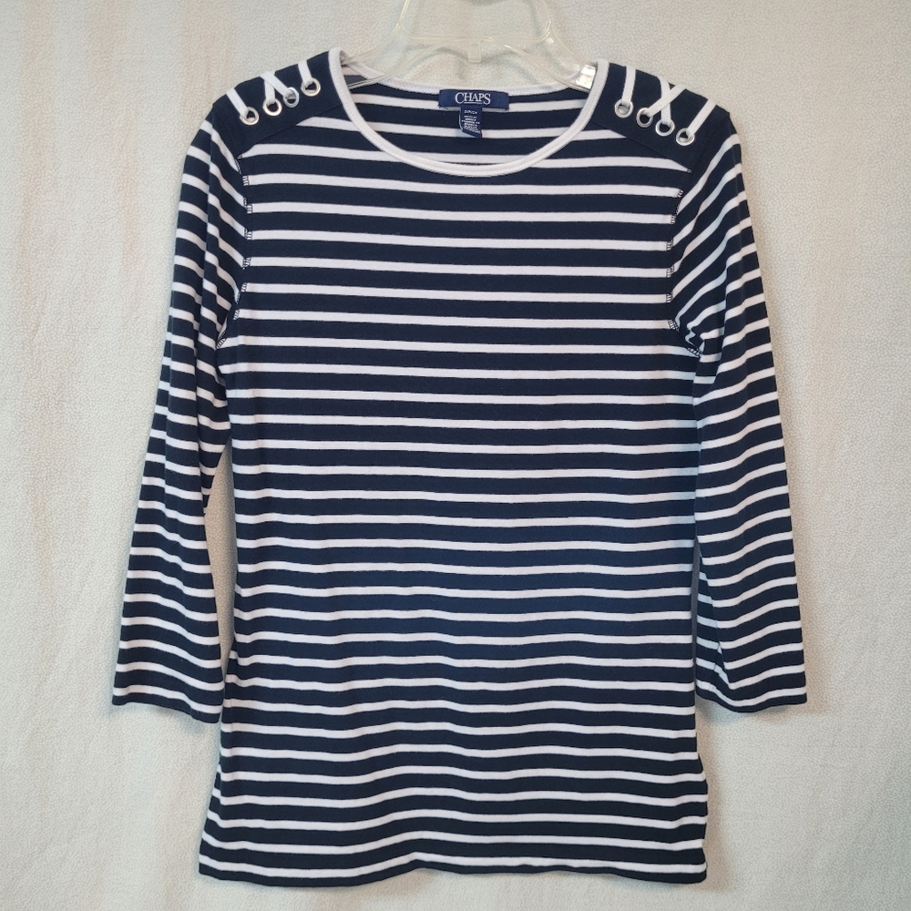Chaps Navy & White Striped Top Womens SMALL Nautical Coastal Vacation Preppy